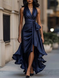Women's Satin Halter Cocktail Party Dress High-Low Ruffle Wrap
