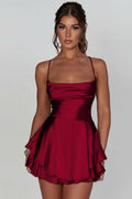 Women's Satin Square-Neck Ruffle-Skirt Mini Cocktail Dress