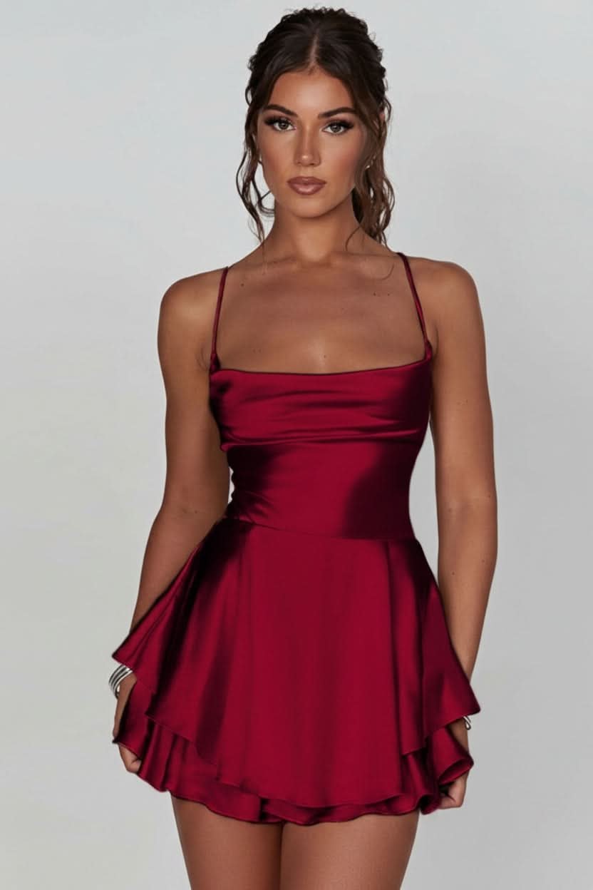 Women's Satin Square-Neck Ruffle-Skirt Mini Cocktail Dress