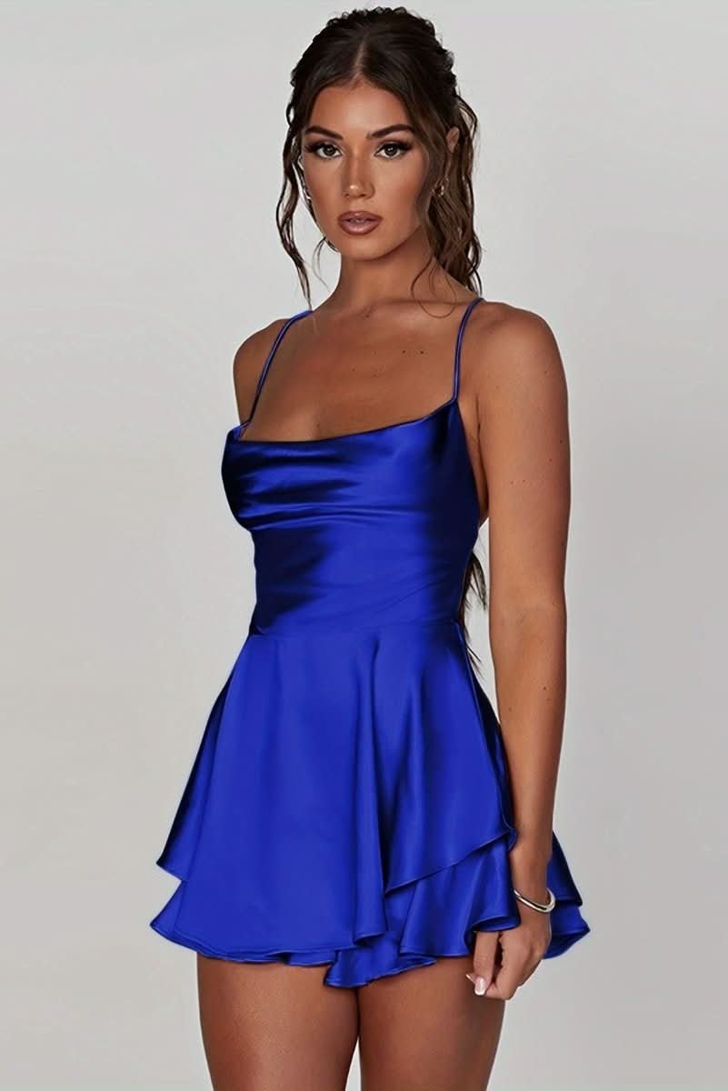Women's Satin Square-Neck Ruffle-Skirt Mini Cocktail Dress