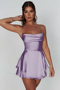 Women's Satin Square-Neck Ruffle-Skirt Mini Cocktail Dress