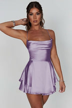 Women's Satin Square-Neck Ruffle-Skirt Mini Cocktail Dress