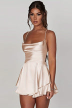 Women's Satin Square-Neck Ruffle-Skirt Mini Cocktail Dress