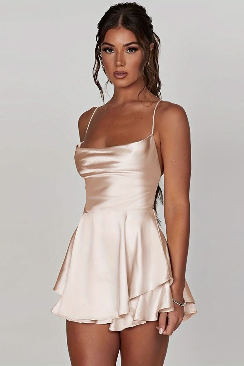 Women's Satin Square-Neck Ruffle-Skirt Mini Cocktail Dress