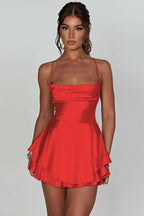 Women's Satin Square-Neck Ruffle-Skirt Mini Cocktail Dress