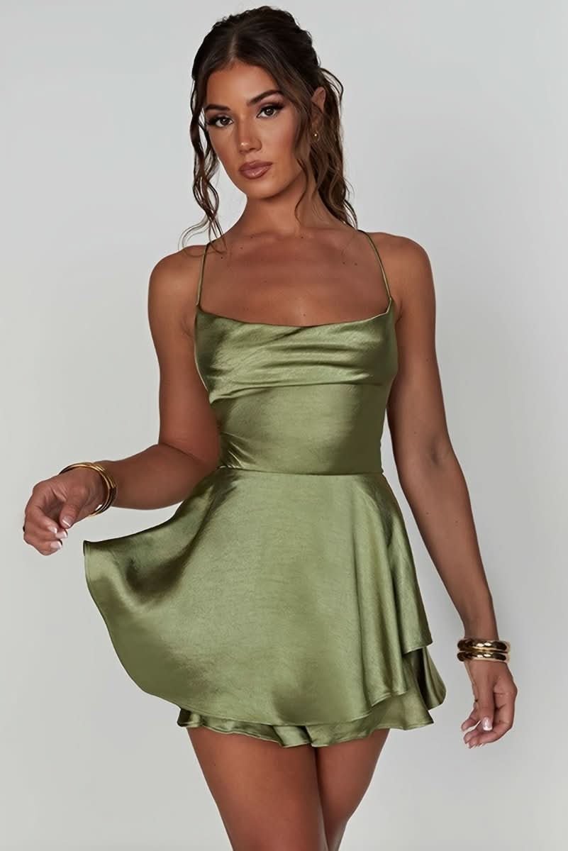 Women's Satin Square-Neck Ruffle-Skirt Mini Cocktail Dress