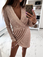 Women's Sequin Deep V-Neck Long Sleeve Wrap Cocktail Dress