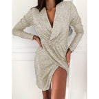 Women's Sequin Deep V-Neck Long Sleeve Wrap Cocktail Dress