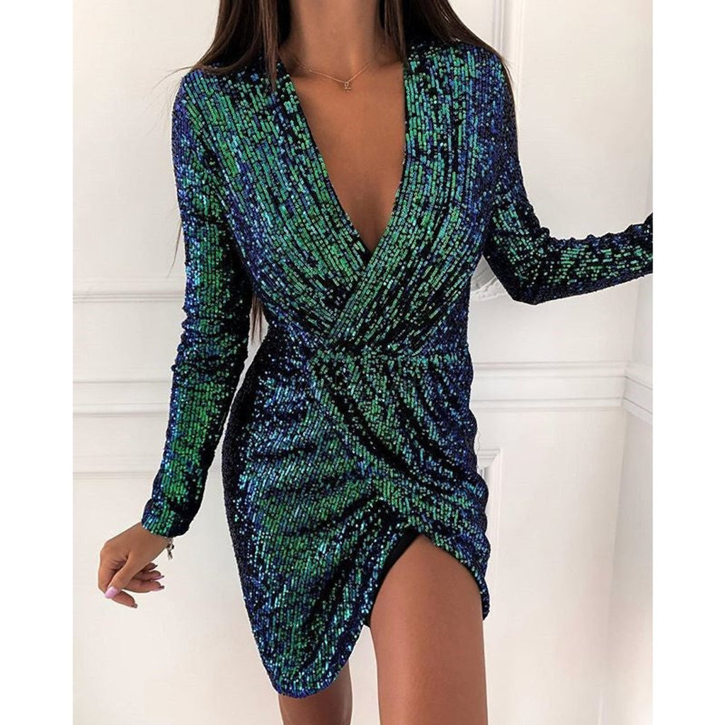 Women's Sequin Deep V-Neck Long Sleeve Wrap Cocktail Dress