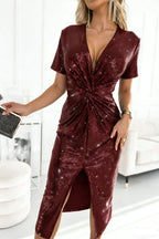 Women's Sequin Deep V-Neck Twist-Front Midi Cocktail Dress