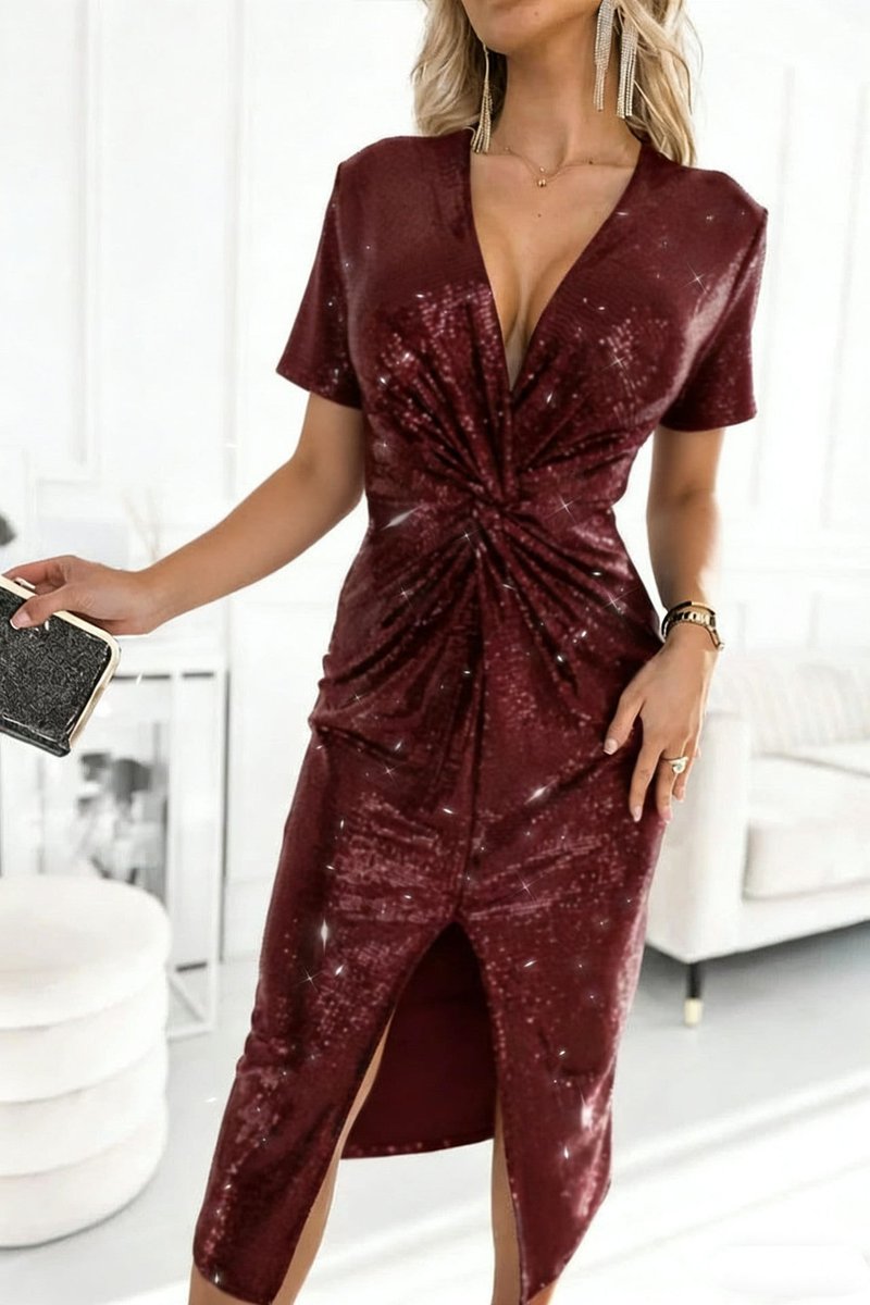 Women's Sequin Deep V-Neck Twist-Front Midi Cocktail Dress