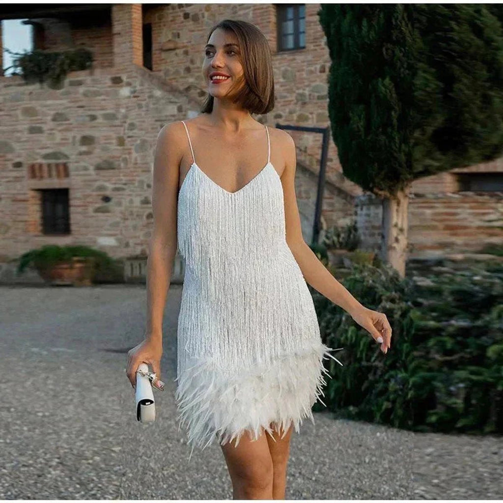 Women's Sequin Fringe Feather-Trim Mini Cocktail Dress