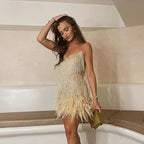 Women's Sequin Fringe Feather-Trim Mini Cocktail Dress
