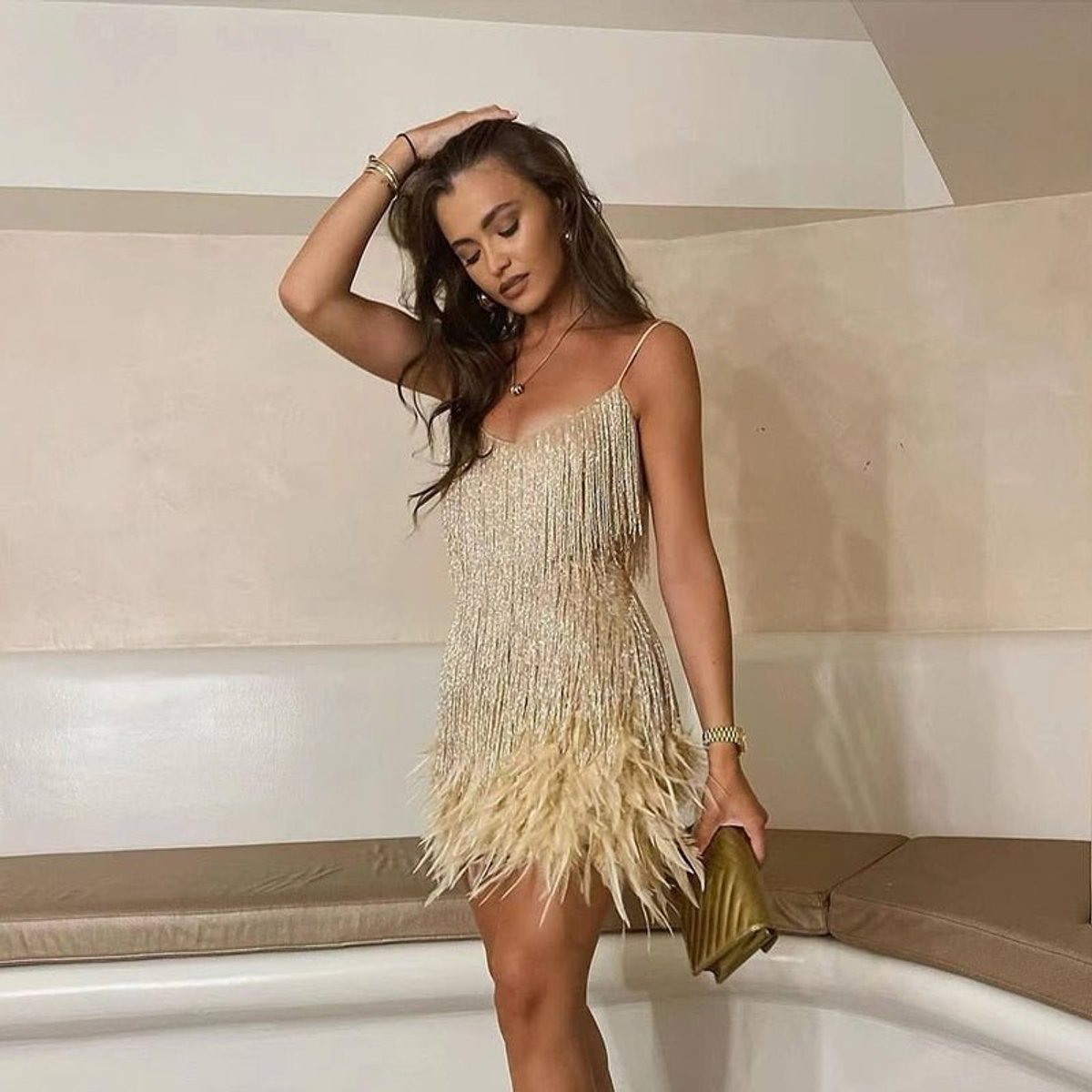 Women's Sequin Fringe Feather-Trim Mini Cocktail Dress