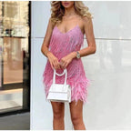 Women's Sequin Fringe Feather-Trim Mini Cocktail Dress