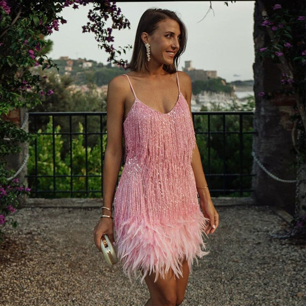 Women's Sequin Fringe Feather-Trim Mini Cocktail Dress
