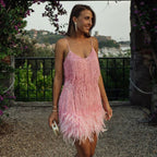 Women's Sequin Fringe Feather-Trim Mini Cocktail Dress