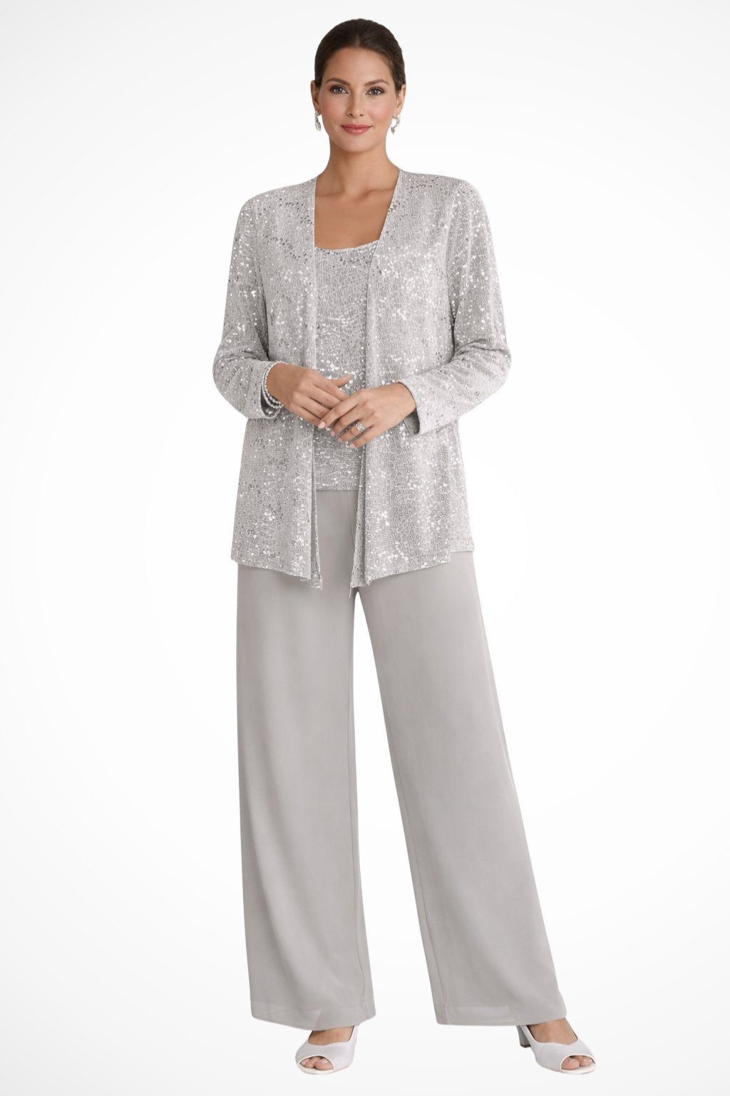 Women's Sparkling Sequin Jacket, Camisole and Wide-Leg Pants - Silver