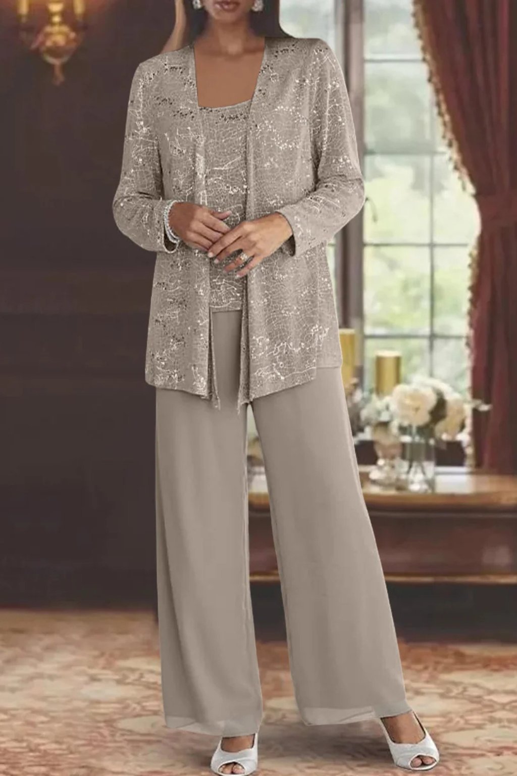 Women's Sparkling Sequin Jacket, Camisole and Wide-Leg Pants