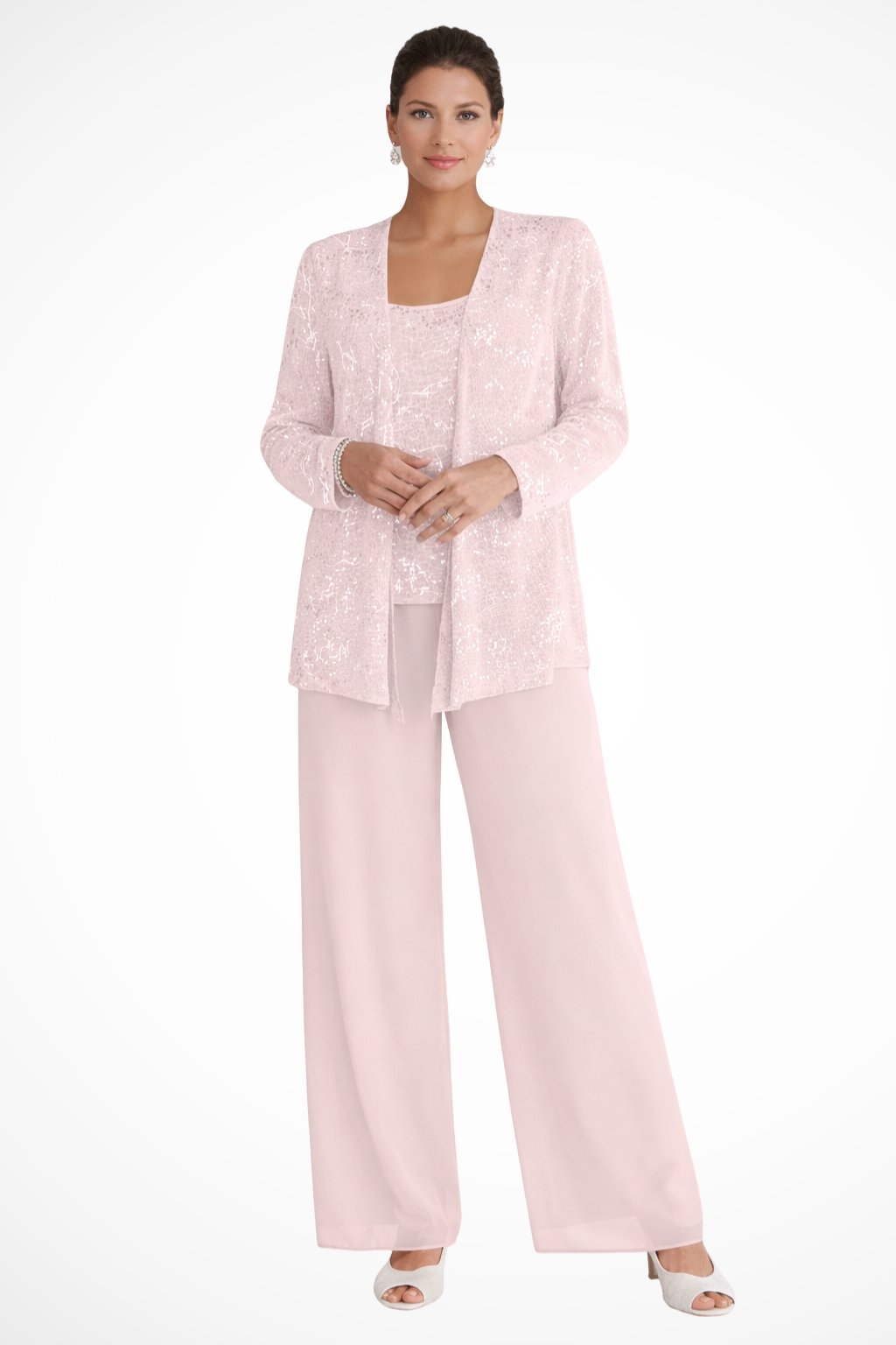 Women's Sparkling Sequin Jacket, Camisole and Wide-Leg Pants - Light Pink