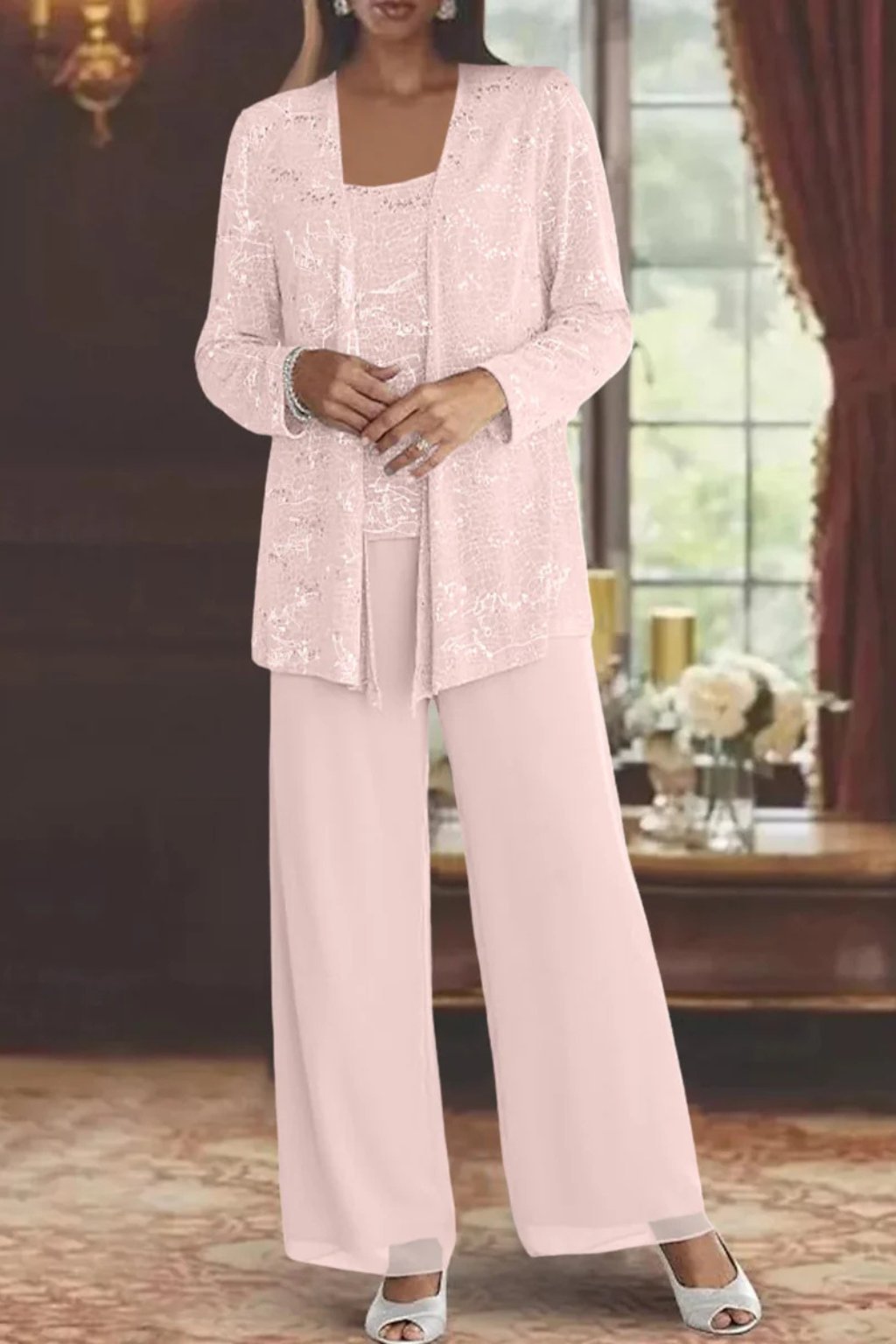 Women's Sparkling Sequin Jacket, Camisole and Wide-Leg Pants