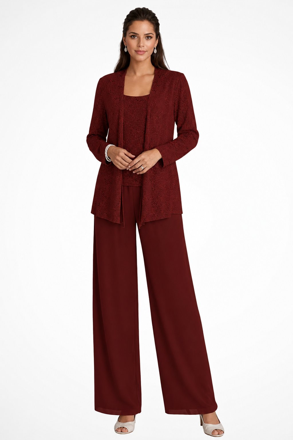 Women's Sparkling Sequin Jacket, Camisole and Wide-Leg Pants - Burgundy