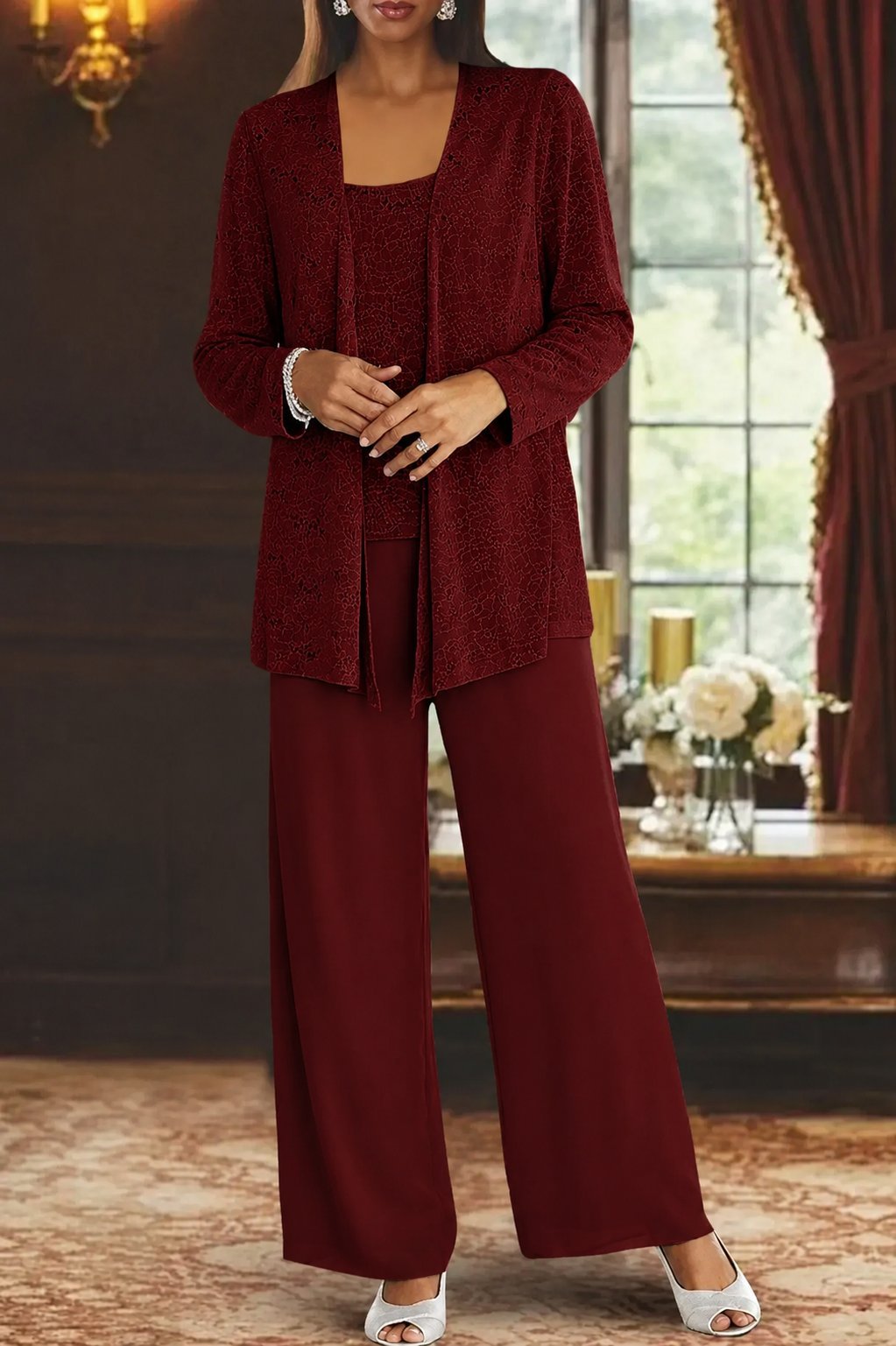 Women's Sparkling Sequin Jacket, Camisole and Wide-Leg Pants
