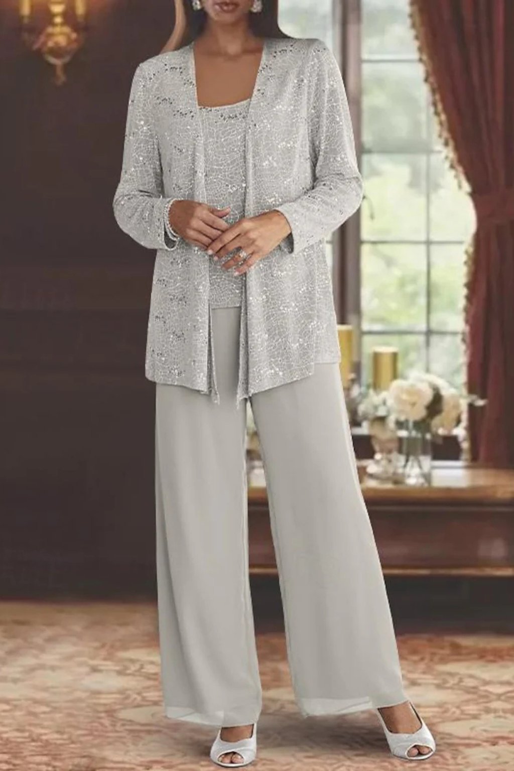 Women's Sparkling Sequin Jacket, Camisole and Wide-Leg Pants