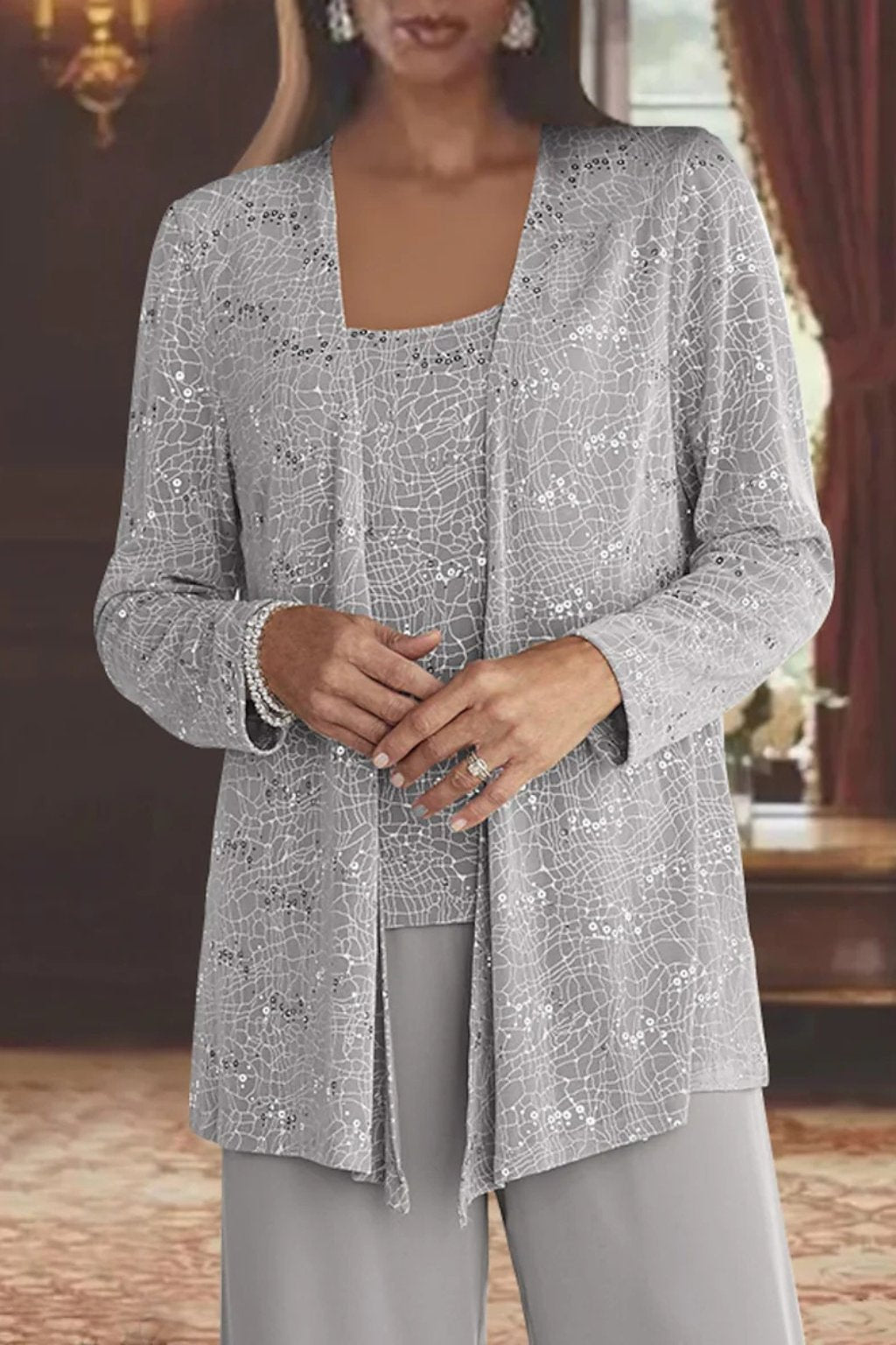 Women's Sparkling Sequin Jacket, Camisole and Wide-Leg Pants