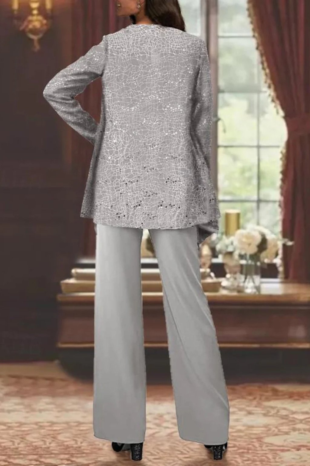 Women's Sparkling Sequin Jacket, Camisole and Wide-Leg Pants