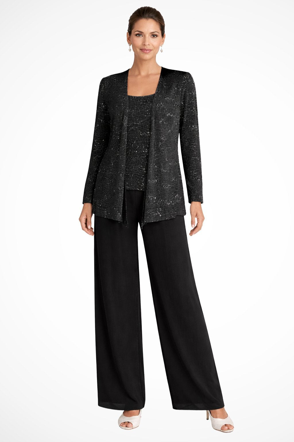 Women's Sparkling Sequin Jacket, Camisole and Wide-Leg Pants - Black