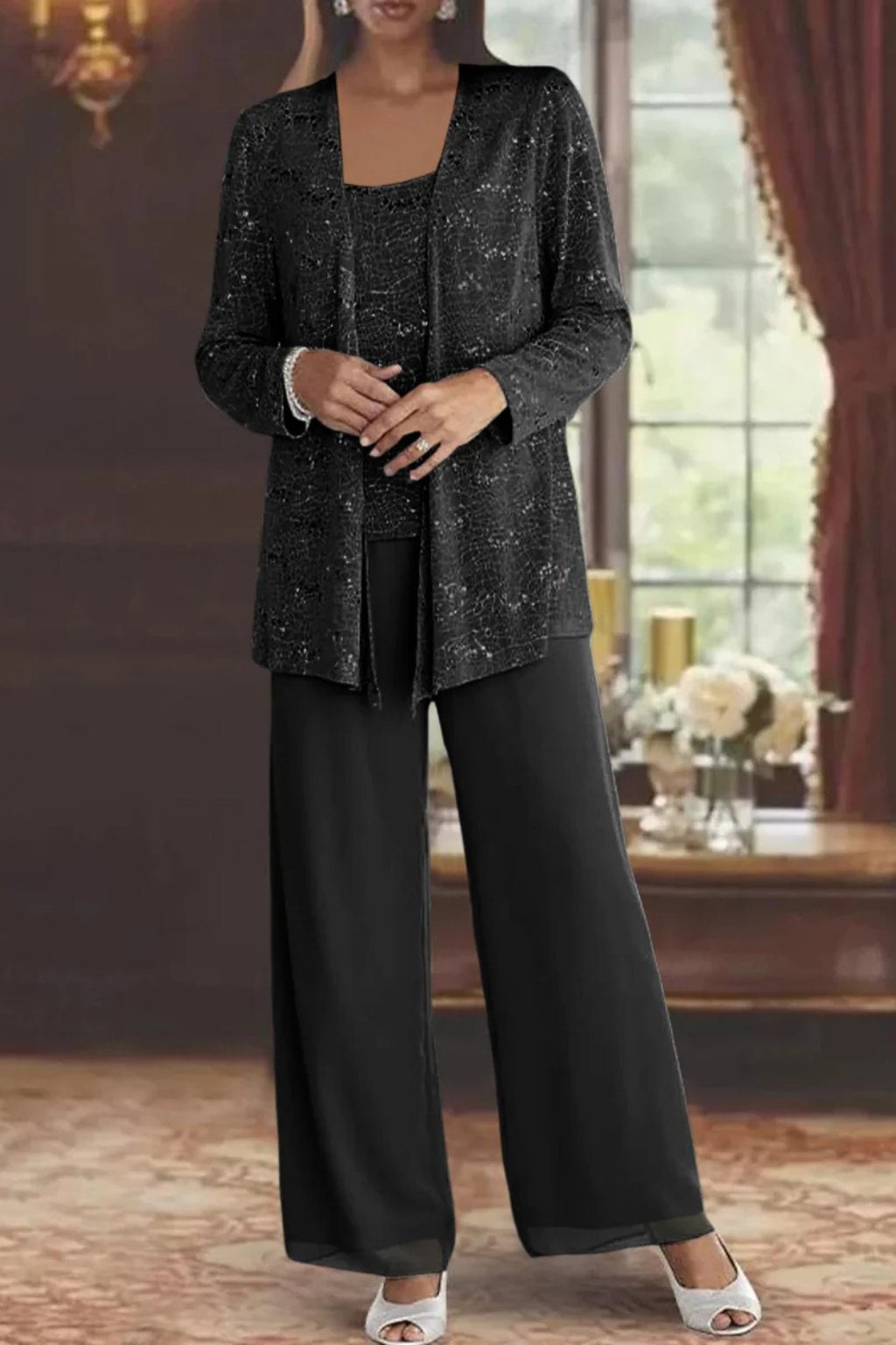 Women's Sparkling Sequin Jacket, Camisole and Wide-Leg Pants