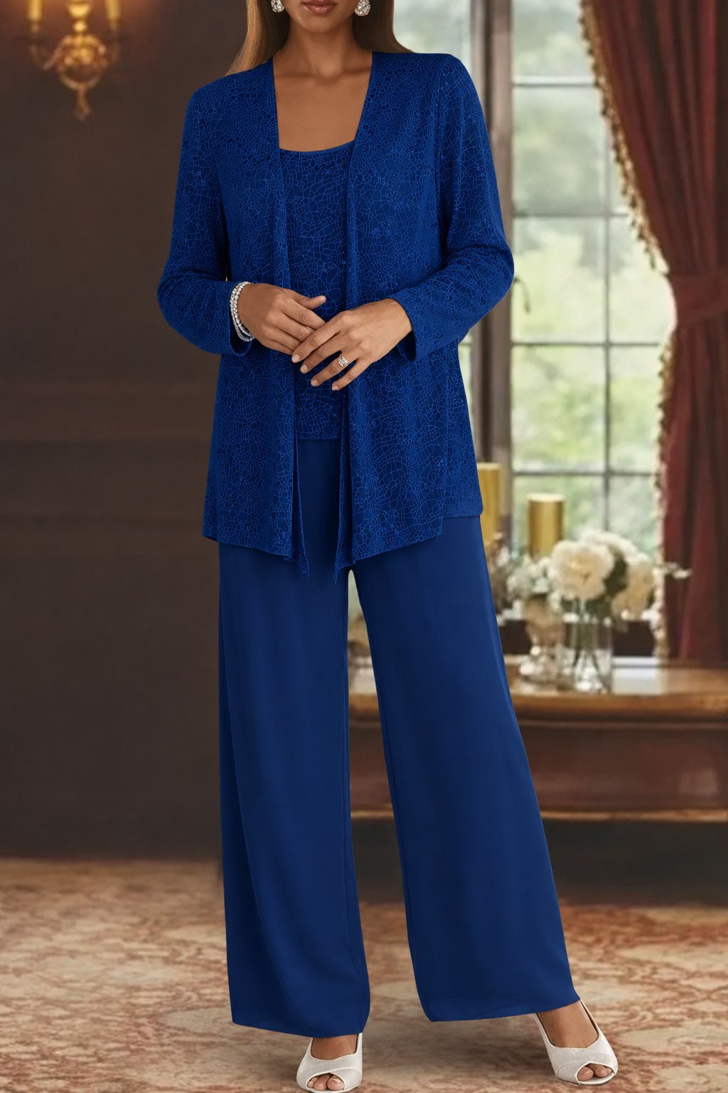 Women's Sparkling Sequin Jacket, Camisole and Wide-Leg Pants