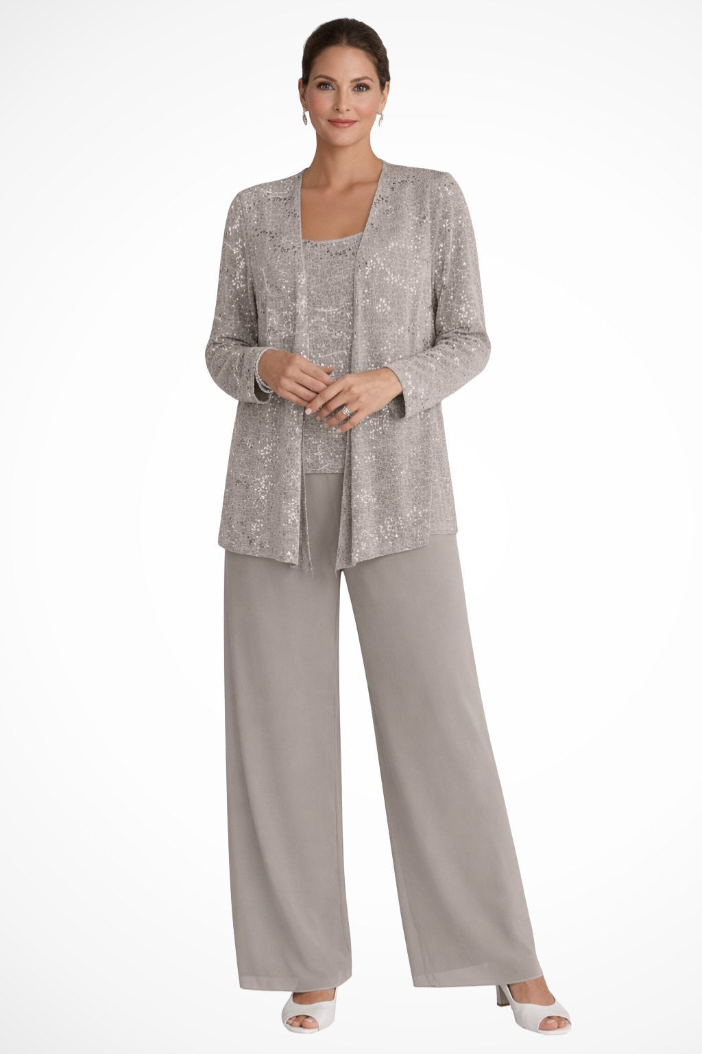 Women's Sparkling Sequin Jacket, Camisole and Wide-Leg Pants - Beige