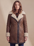Women's Mid-Thigh Leather Coat with Shearling Collar and Cuffs - Brown