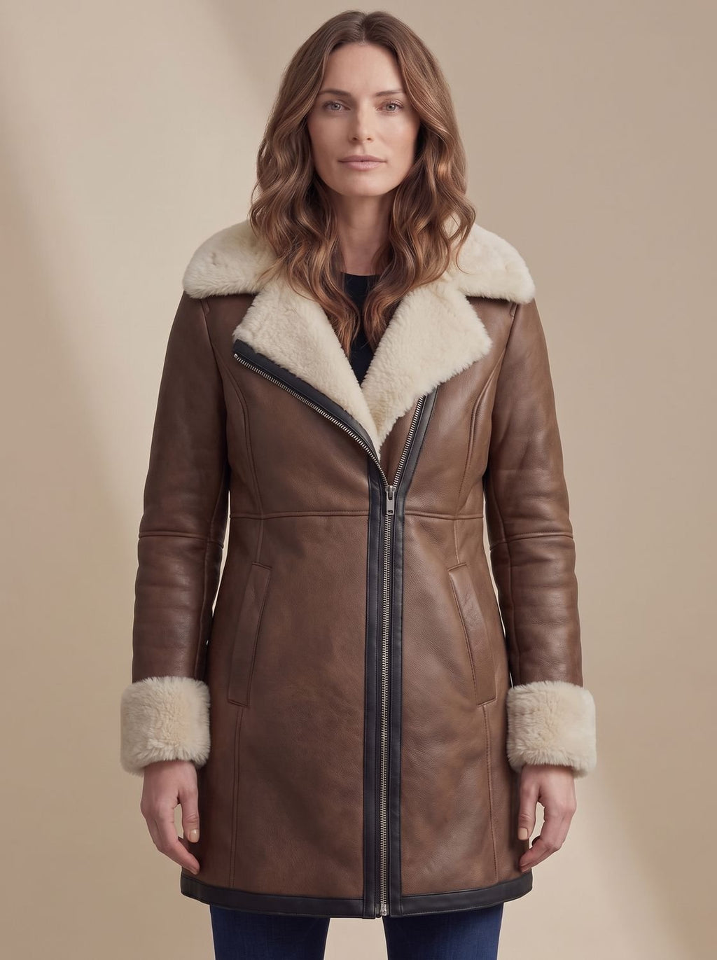 Women's Mid-Thigh Leather Coat with Shearling Collar and Cuffs