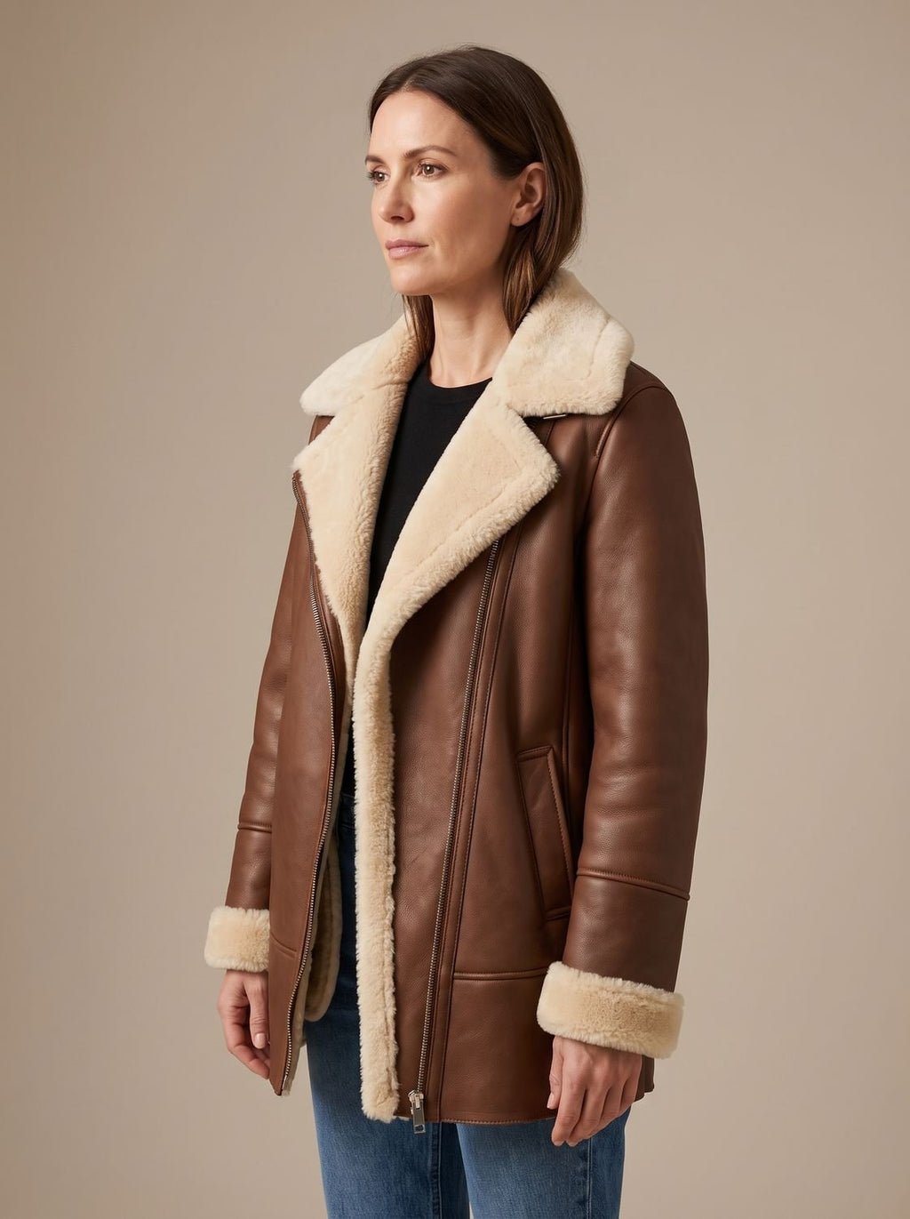 Women's Mid-Thigh Leather Coat with Shearling Collar and Cuffs