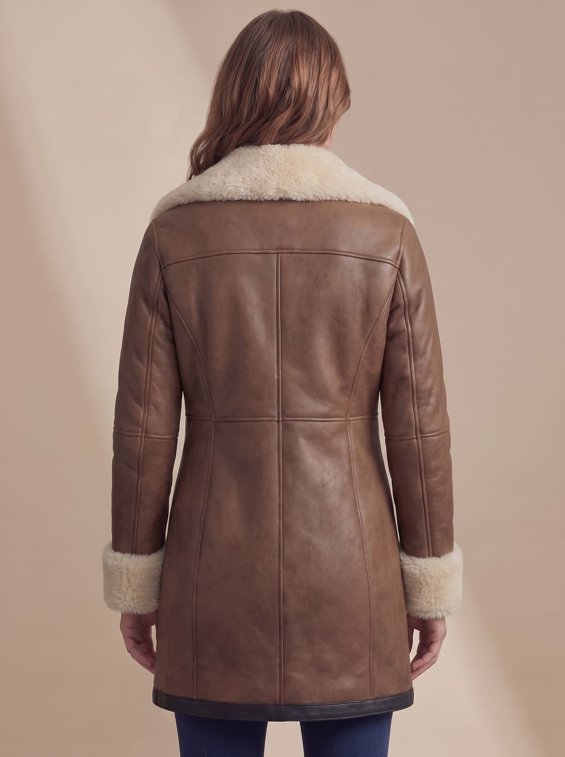 Women's Mid-Thigh Leather Coat with Shearling Collar and Cuffs