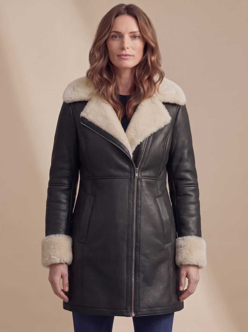 Women's Mid-Thigh Leather Coat with Shearling Collar and Cuffs