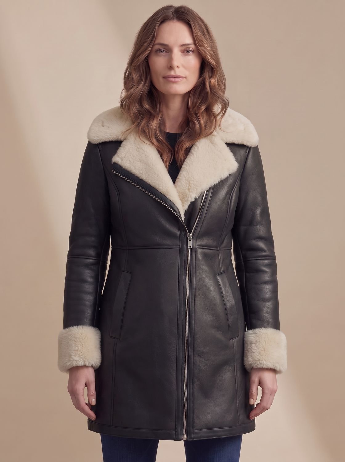 Women's Mid-Thigh Leather Coat with Shearling Collar and Cuffs - Black
