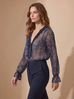 Women's Sheer Chiffon Paisley Ruffle V-Neck Zip Blouse