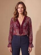 Women's Sheer Chiffon Paisley Ruffle V-Neck Zip Blouse