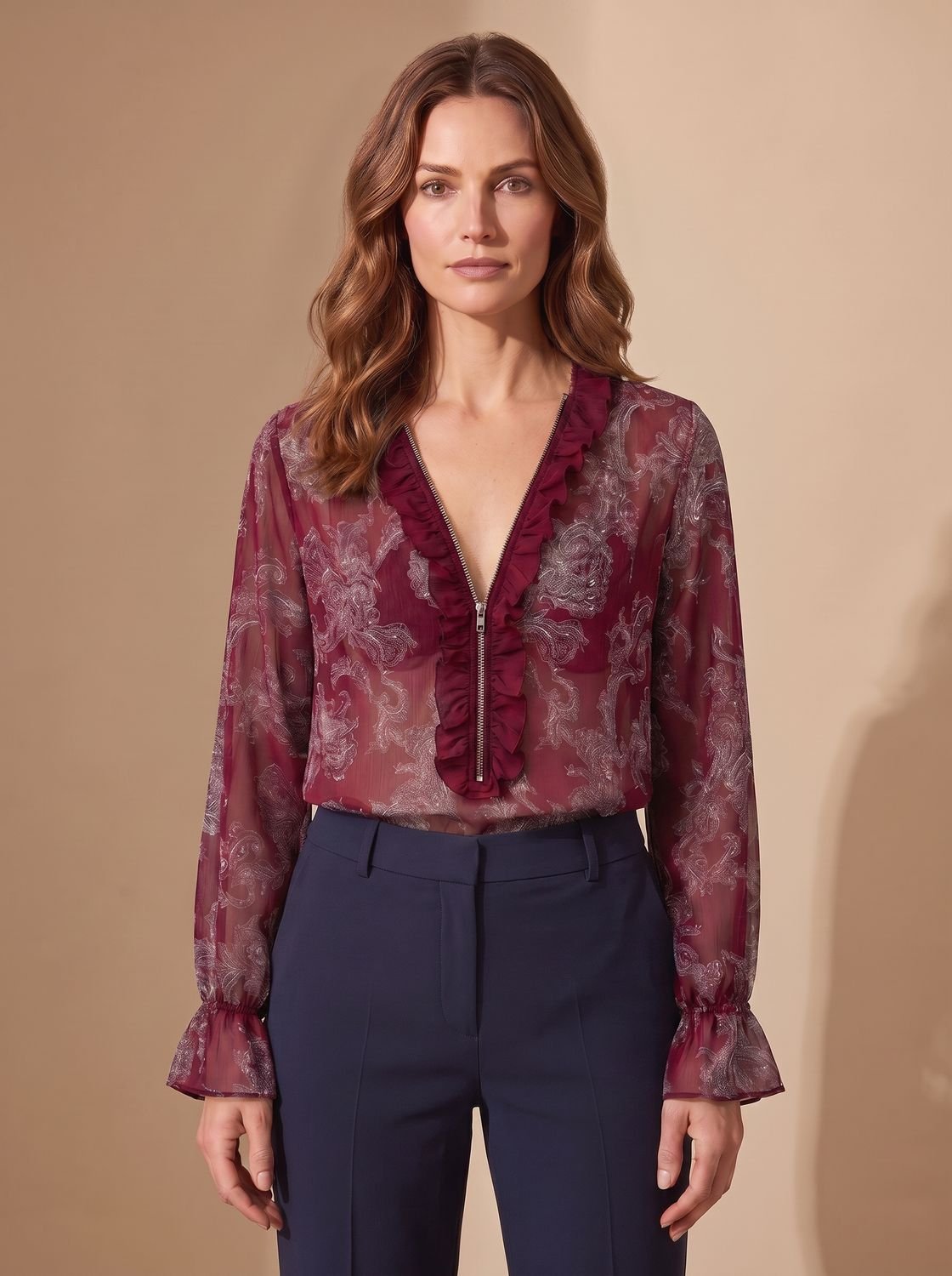 Women's Sheer Chiffon Paisley Ruffle V-Neck Zip Blouse