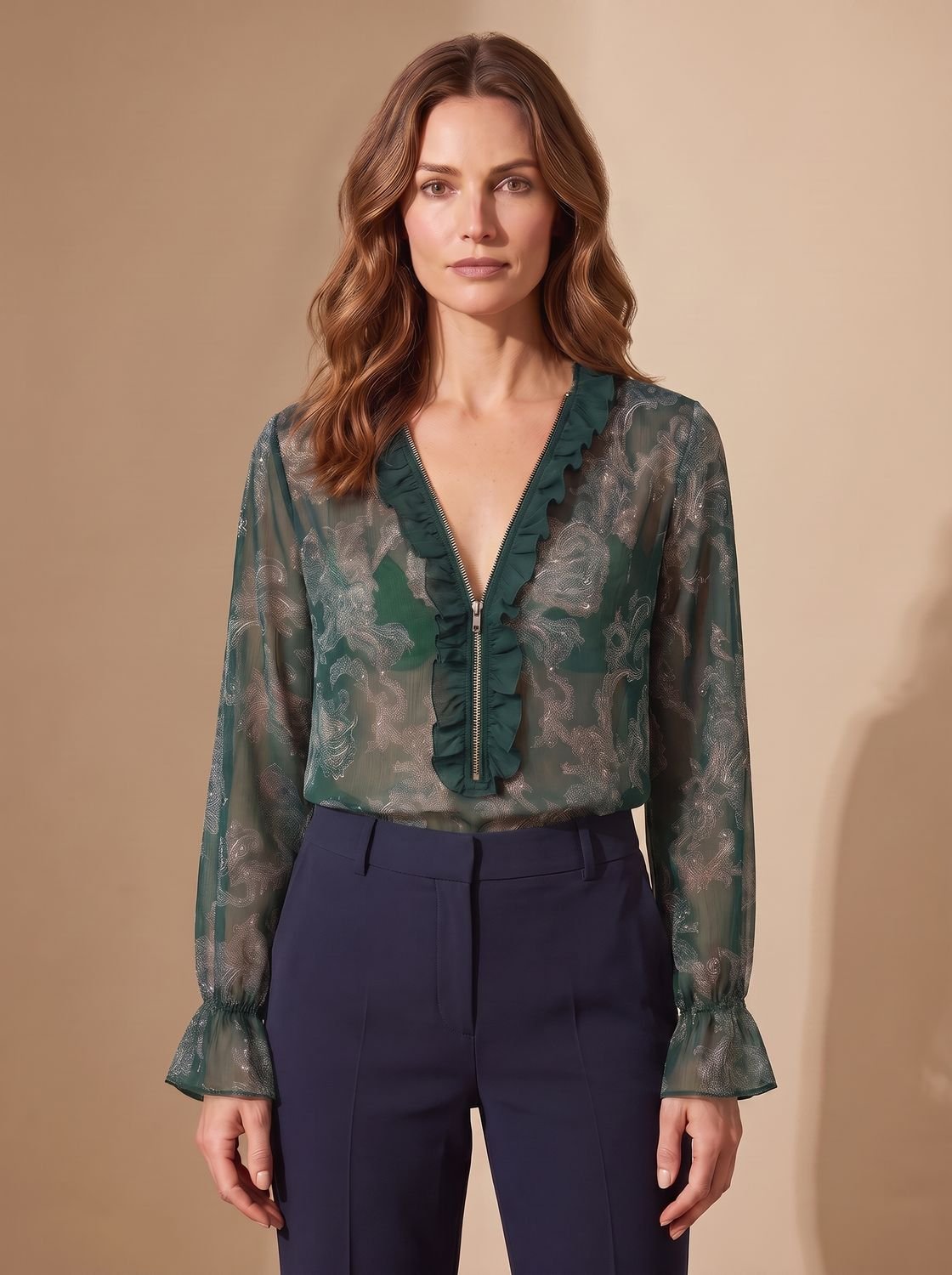 Women's Sheer Chiffon Paisley Ruffle V-Neck Zip Blouse