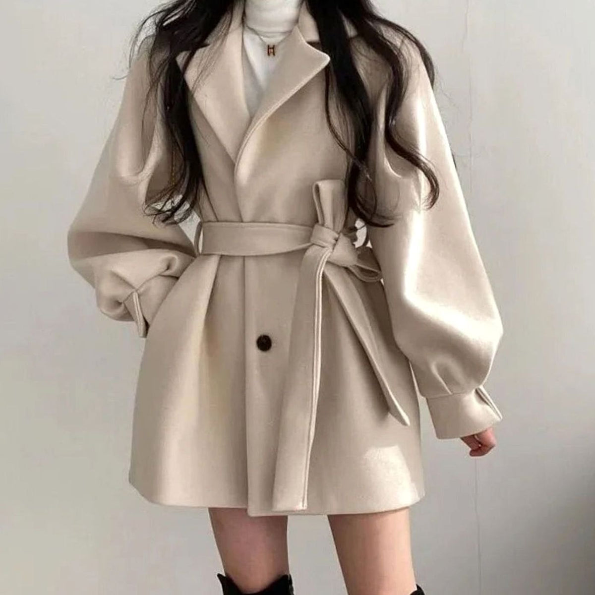 Women's Notch-Lapel Tie-Waist Short Coat with Wool-Look Finish - White