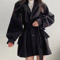 Women's Notch-Lapel Tie-Waist Short Coat with Wool-Look Finish - Black