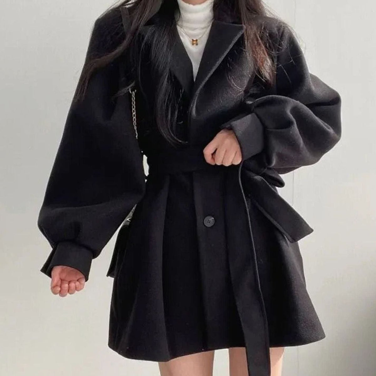 Women's Notch-Lapel Tie-Waist Short Coat with Wool-Look Finish - Black
