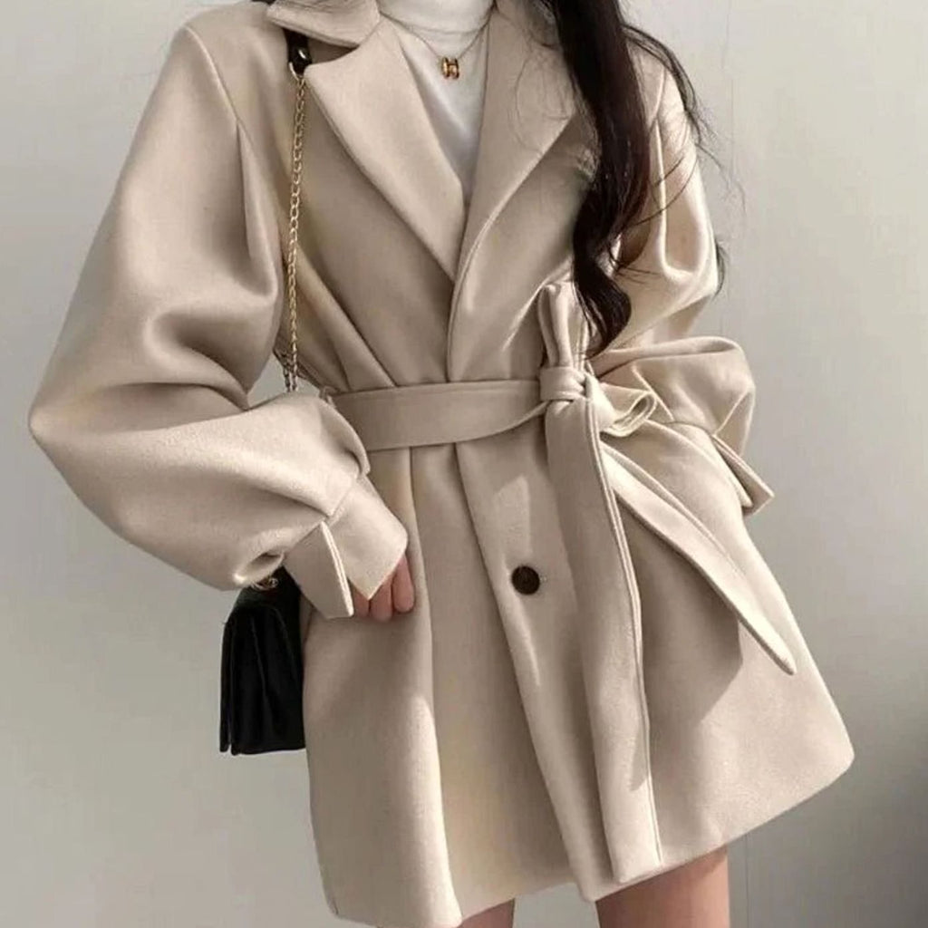 Women's Notch-Lapel Tie-Waist Short Coat with Wool-Look Finish
