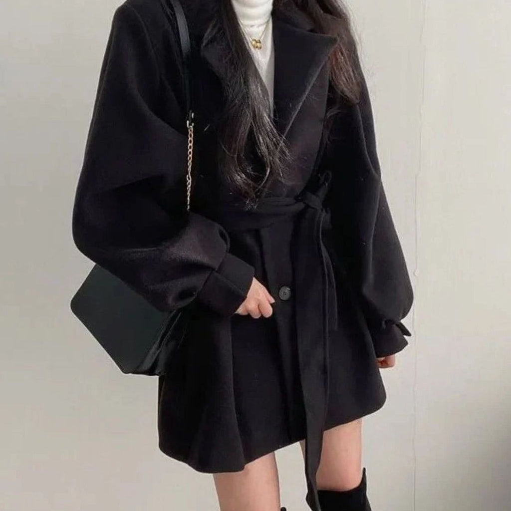 Women's Notch-Lapel Tie-Waist Short Coat with Wool-Look Finish