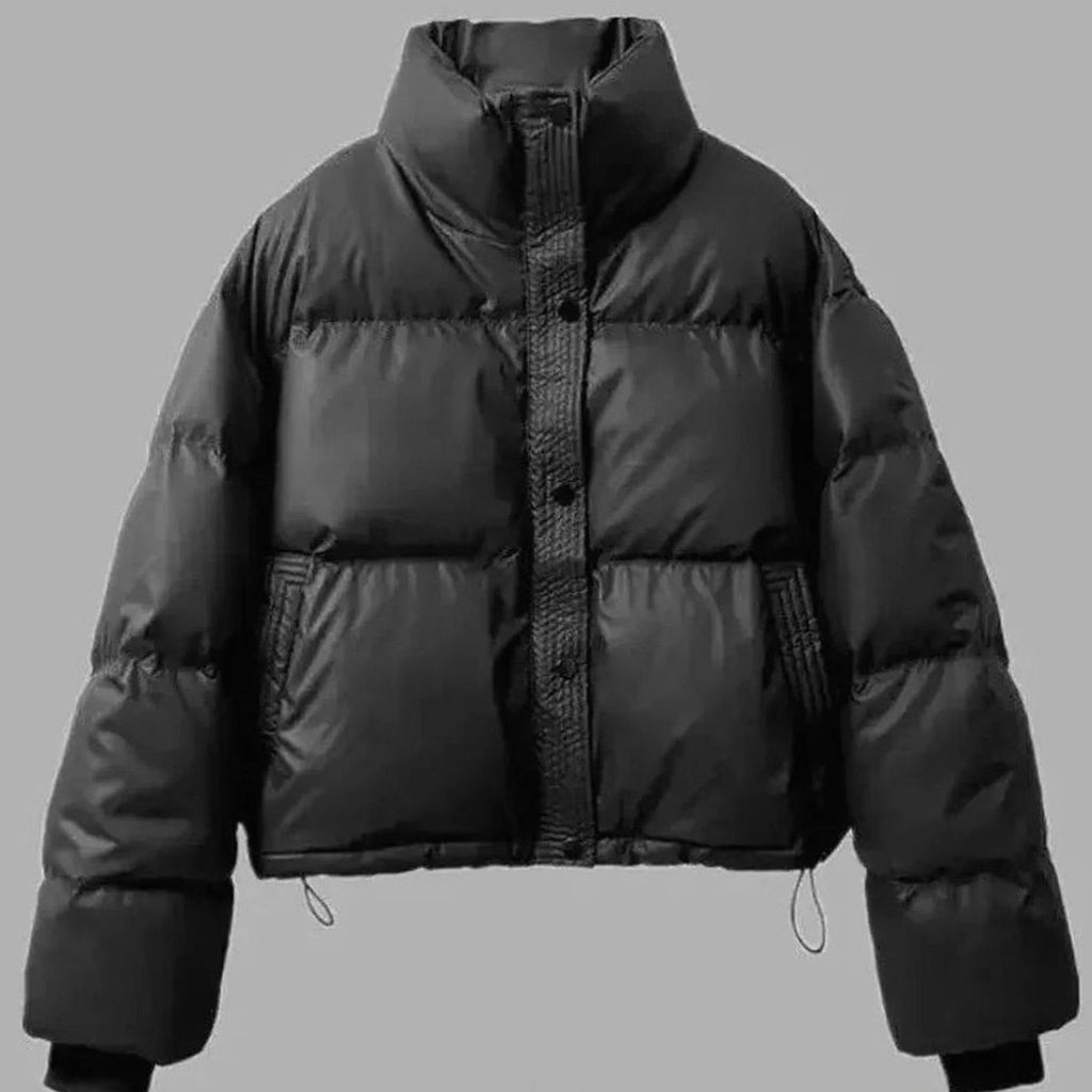 Women's Cropped Faux Leather Puffer with Stand Collar